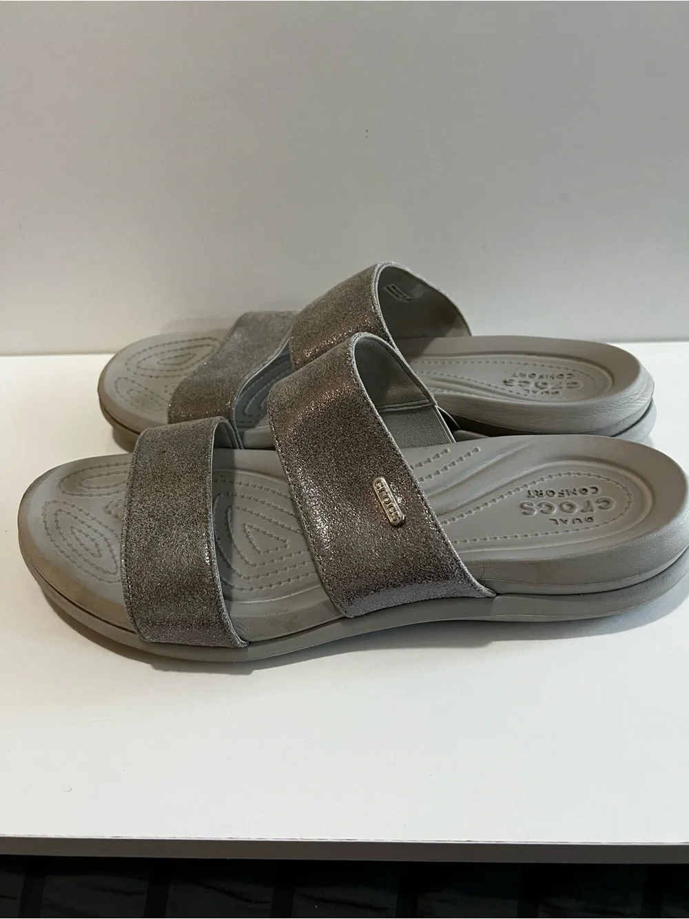 Crocs Dual Comfort Metallic Silver Gray Double Strap Slide Sandals